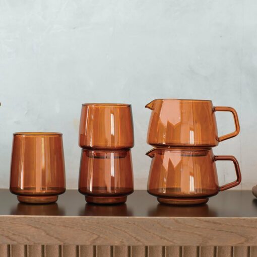 kinto sepia jug on table with cups