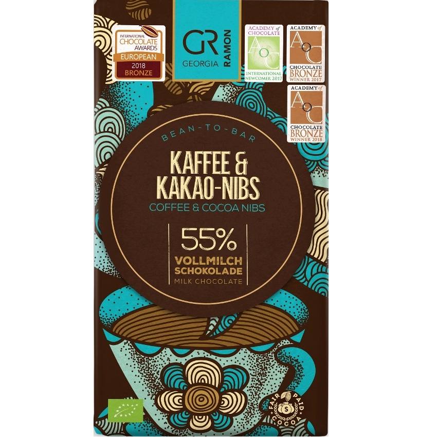 Georgia Ramon Milk Chocolate Coffee and Cocoa Nibs 55%, product image from Kaffebox