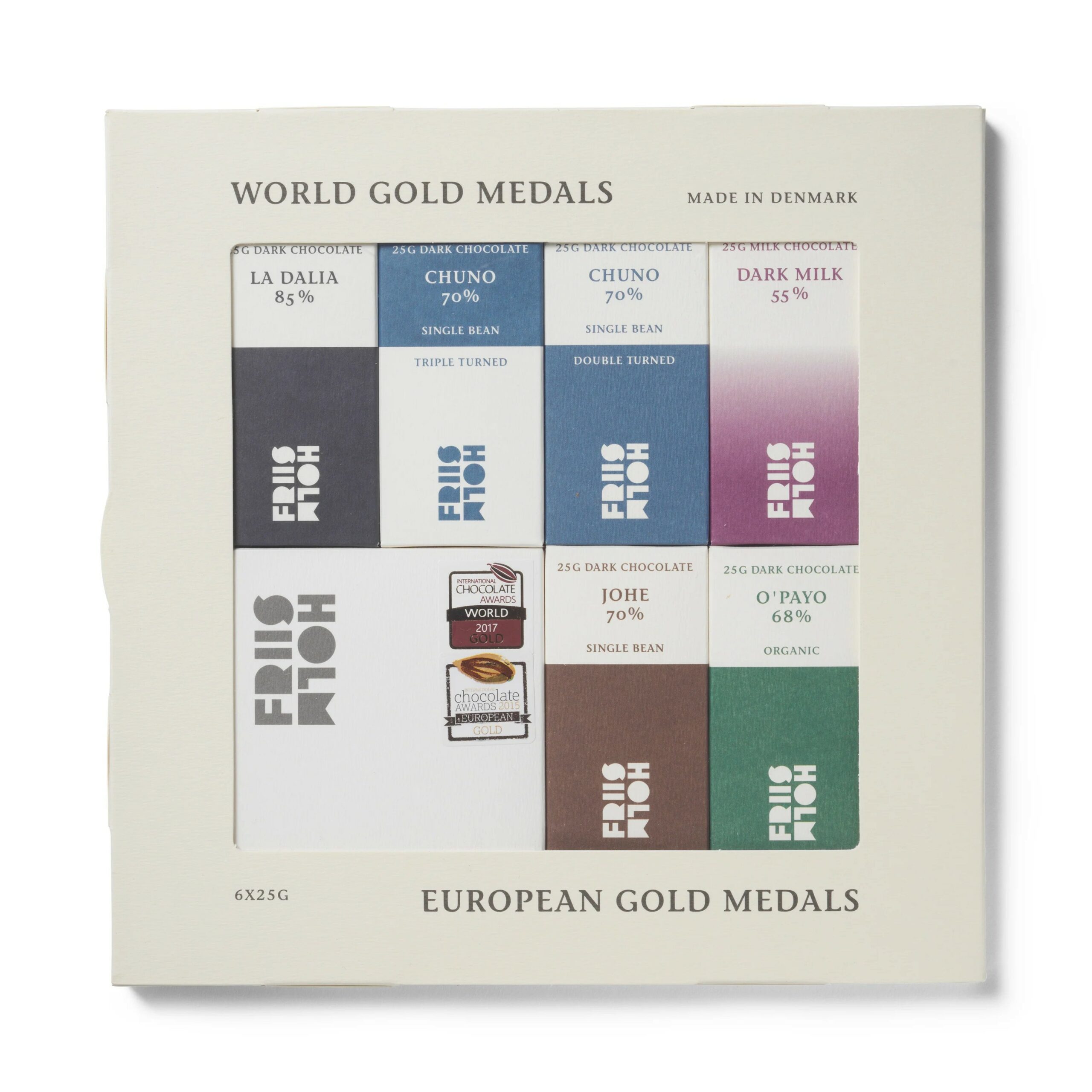 Friis Holm Friis-Holm Chokolade Selection World Gold Winners, 6 x 25 g., product image from Kaffebox