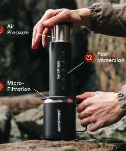 Aeropress Steel black in use outdoors with its main features labelled