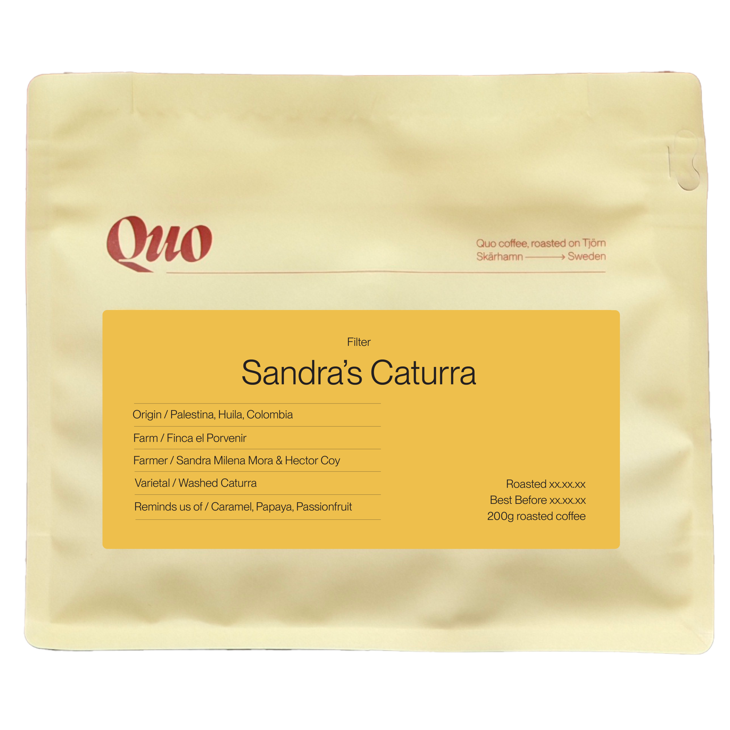 Quo Coffee Sandra's Caturra washed Colombian filter coffee from Finca el Porvenir, 200 g bag