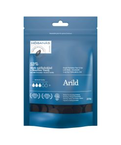 Höganäs Chocolate Arild 53% dark milk chocolate couverture with bourbon vanilla in a 200 g blue resealable pouch