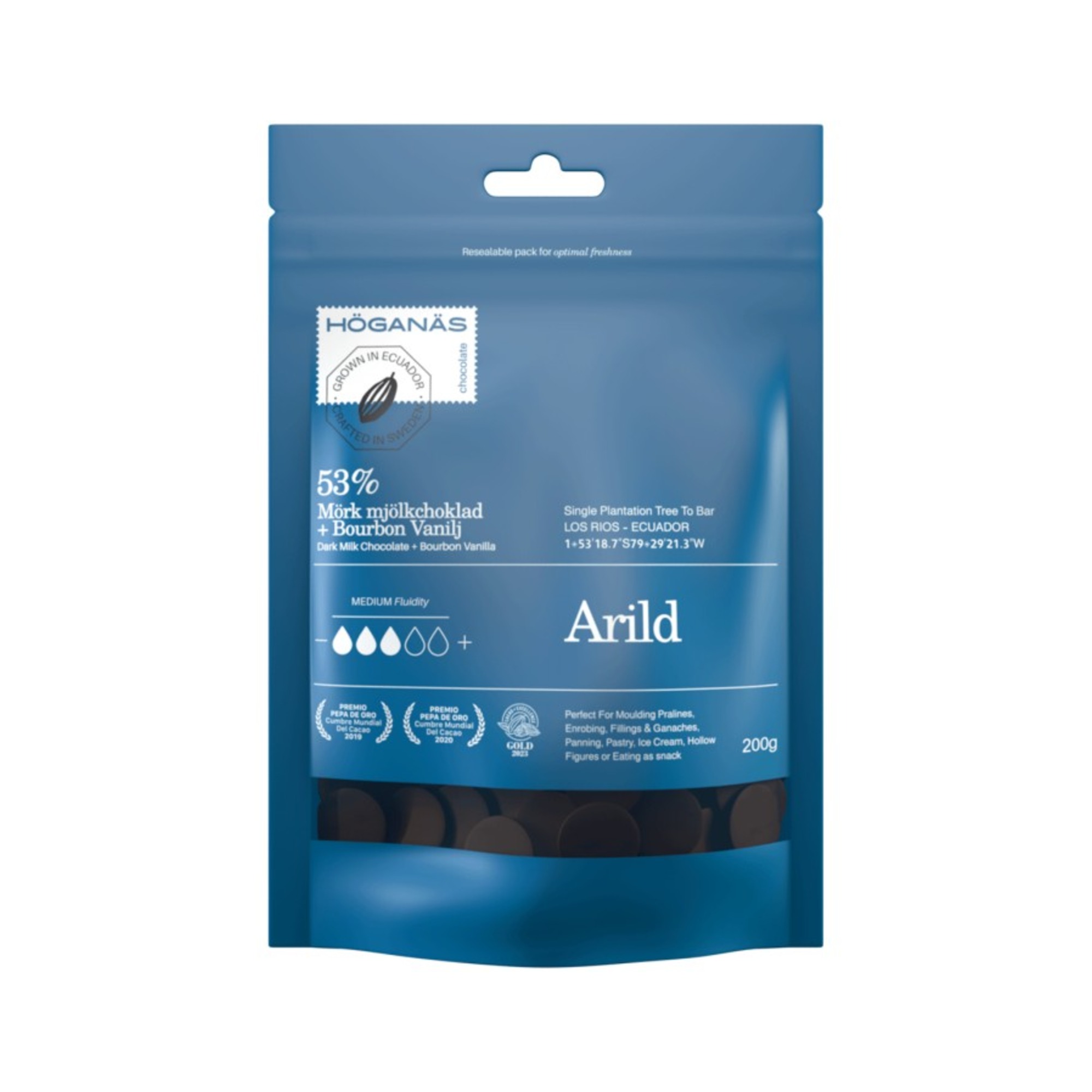 Höganäs Chocolate Arild 53% dark milk chocolate couverture with bourbon vanilla in a 200 g blue resealable pouch