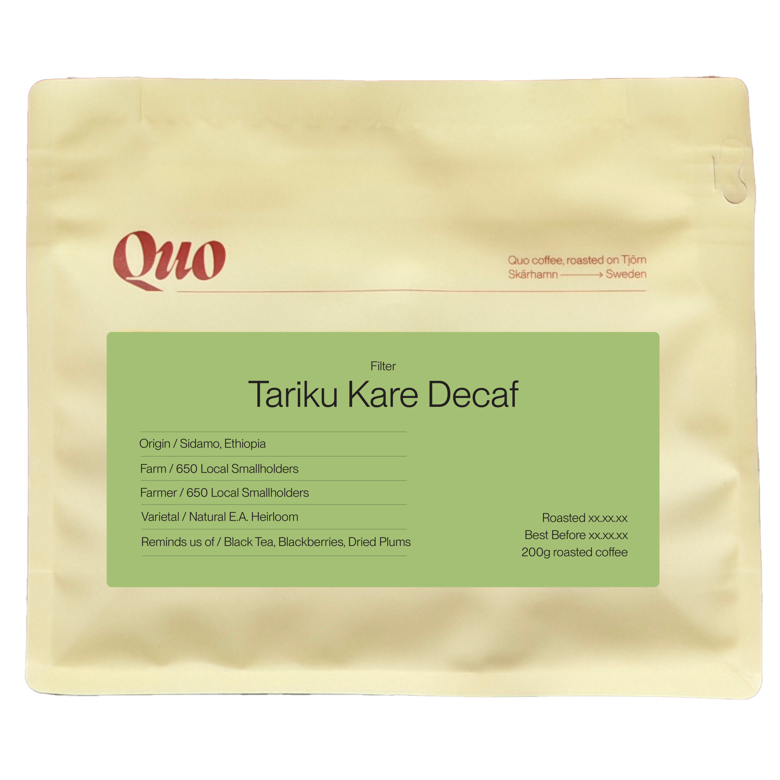Quo Coffee Tariku Kare natural decaf Ethiopian coffee, 200 g bag