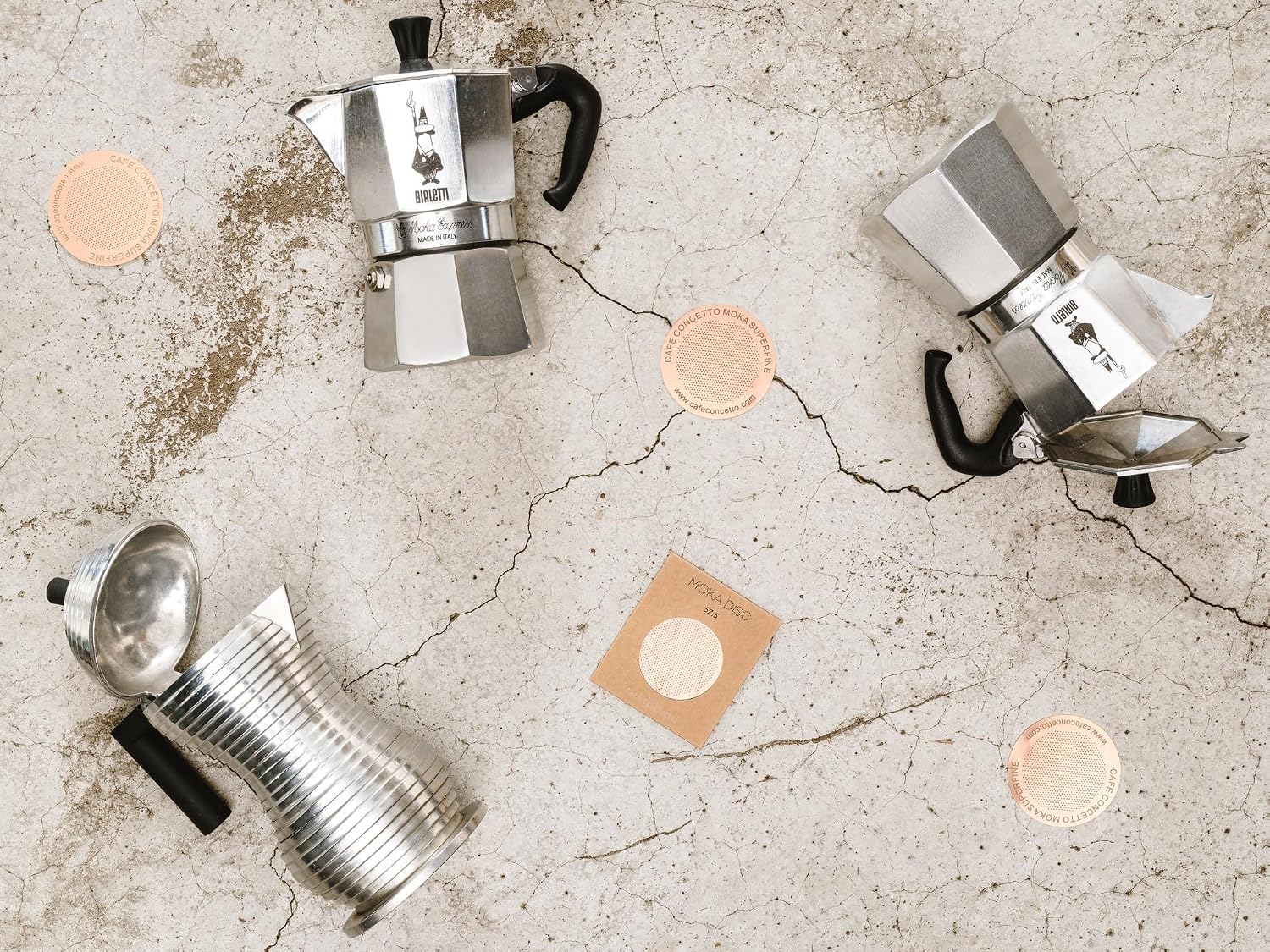Cafe Concetto Superfine Moka Discs with stovetop moka pots