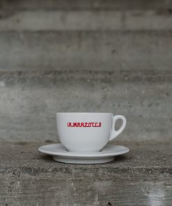 La Marzocco Linea cappuccino cup with red Linea logo and saucer