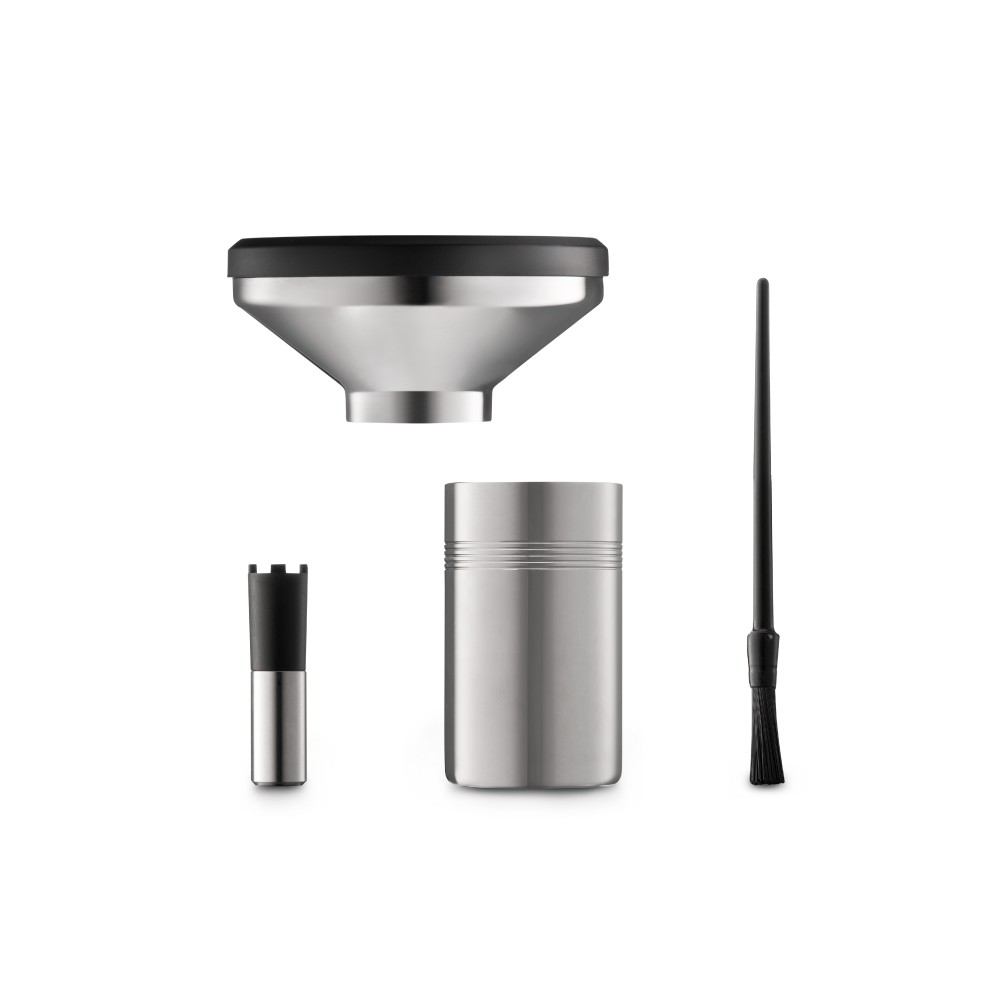 Mazzer Philos hopper, canister, dose finisher and brush