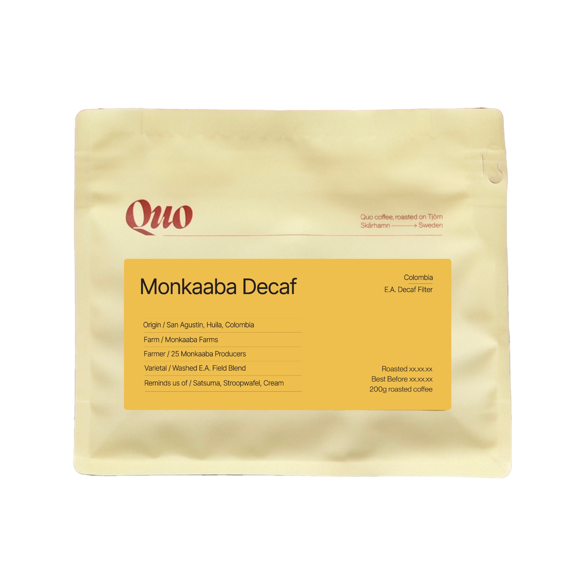 Quo Coffee Monkaaba sugarcane decaf Colombian filter coffee, 200 g bag