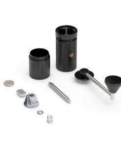 Disassembled Timemore S5 Pro showing the body, catch cup, handle and burr parts