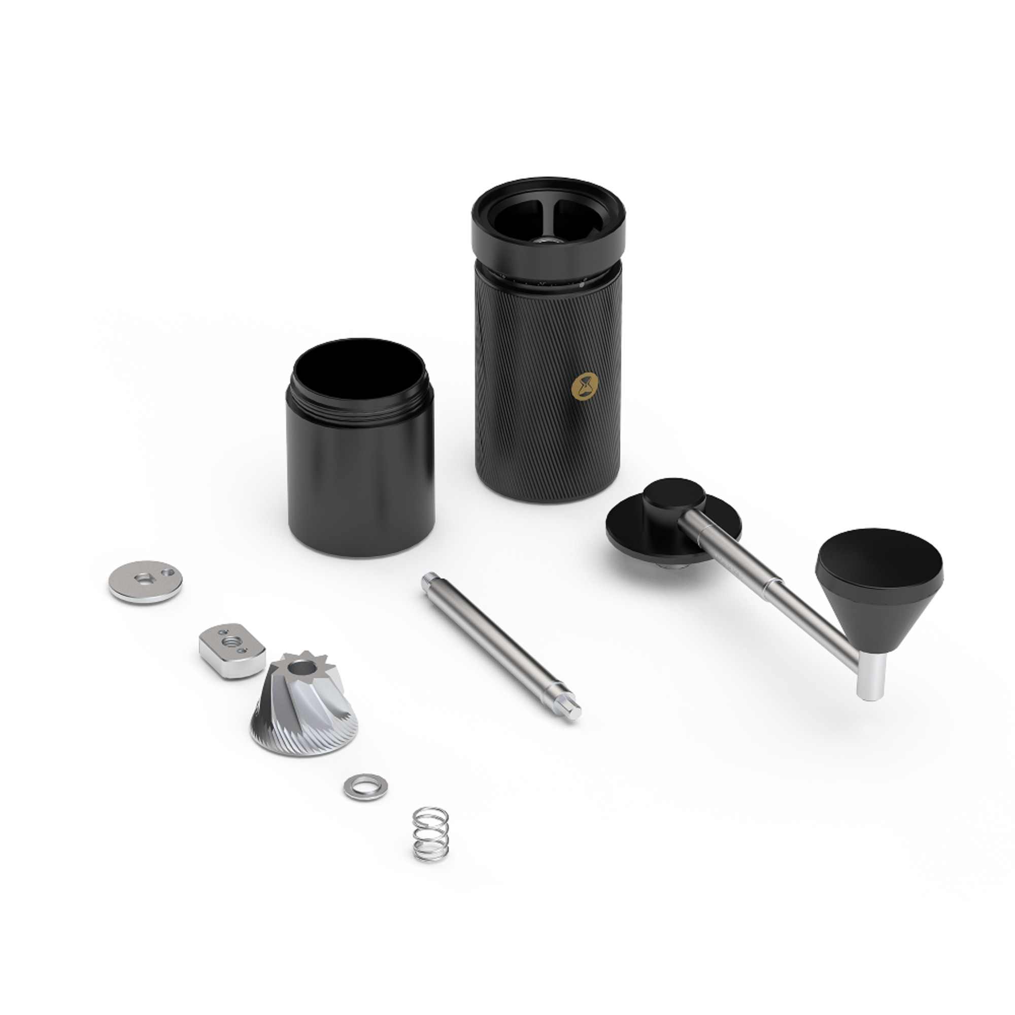 Disassembled Timemore S5 Pro showing the body, catch cup, handle and burr parts