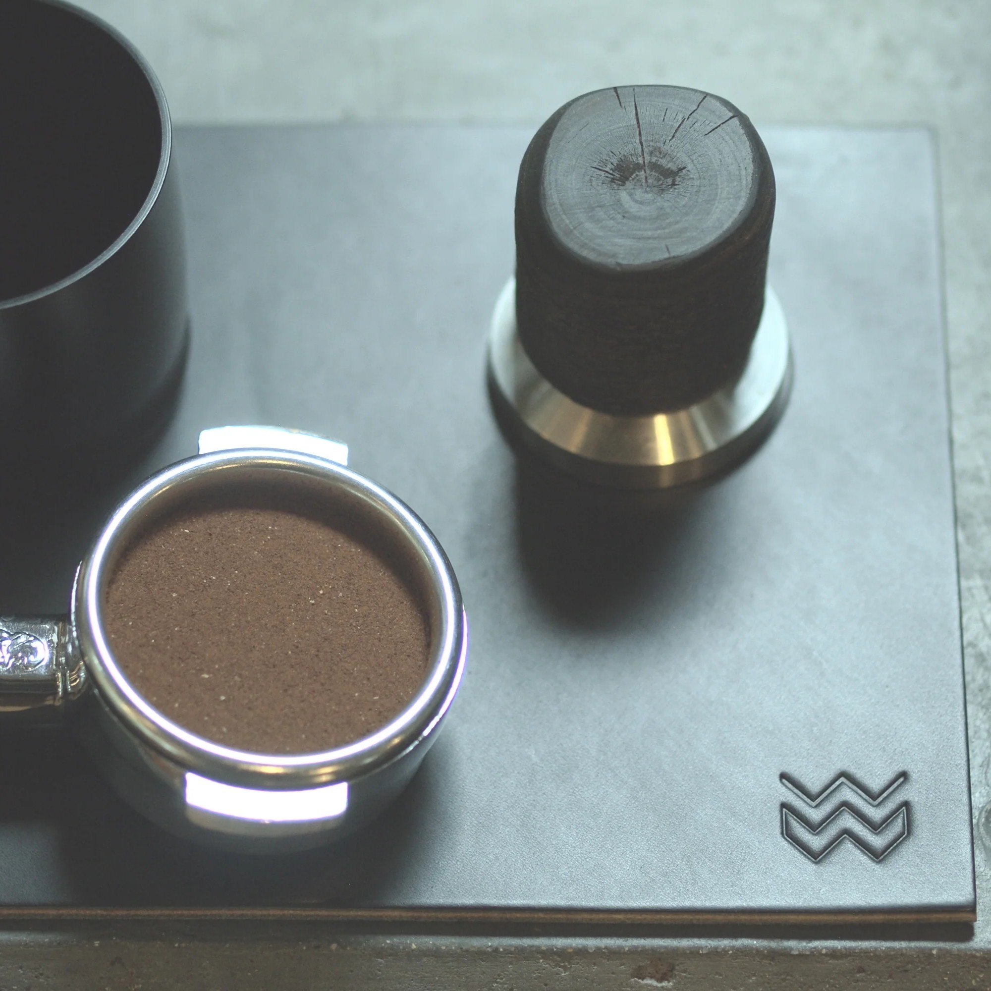 Onyx Weber Workshops leather tamping mat with portafilter, tamper and Blind Shaker